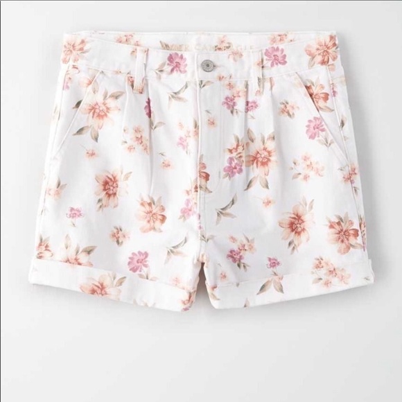 American Eagle AE Floral Denim Pleated Hi-Rise Mom Jean Short Size 4 - Picture 1 of 17